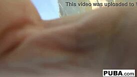 blonde milf olivia fingers her big tits and pussy poolside all nude