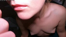 Skinny redhead teen wife gives close-up deepthroat blowjob cum on lips homemade