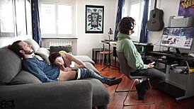 nerd guy unlocks threesome upgrade on couch with italian sluts cum on big tits