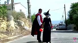 Two guys pull blonde in costume aside from party for outdoor anal gangbang