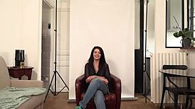 Gorgeous french brunette rips clothes swallows massive cock whole!