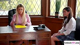 brunette teen seduces milf principal into lesbian licking fingering