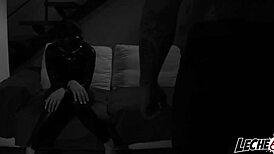 Pamela sanchez rides big cock with hairy pussy in leather mask