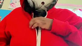 shyguy cosplay with massive oiled boobs and self sucking