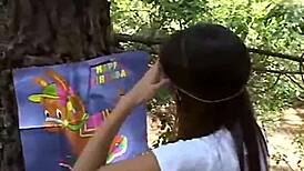 naughty solo teen babe chloe fingers her shaved pussy outdoors teasing hard