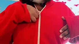 shyguy cosplay with massive oiled boobs and self sucking