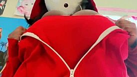 shyguy cosplay with massive oiled boobs and self sucking