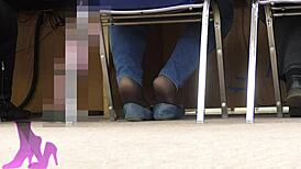 Wife's candid shoeplay in library with flats coffee nylon socks fetish