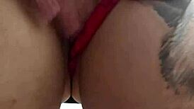 solo babe masturbates at table corner slapping her perky tits