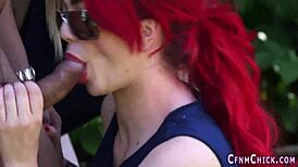 Bossy british femdoms humiliate loser with outdoor cfnm blowjobs