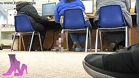Wife's candid shoeplay in library with flats coffee nylon socks fetish