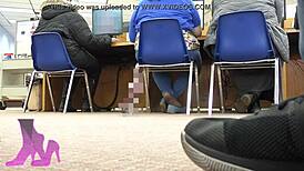 Wife's candid shoeplay in library with flats coffee nylon socks fetish