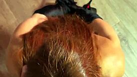 Petite Redhead Bitch in Black Pantyhose Deepthroats to Mouthful Cumshot