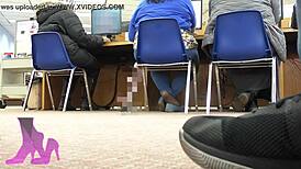 Wife's candid shoeplay in library with flats coffee nylon socks fetish