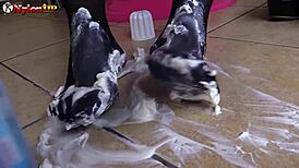 brunette pantyhose footjob messy cum on heels italian fetish