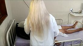 Horny blonde nurse slut bends for patient's cock outdoors at the hospital