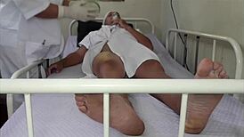 Horny blonde nurse slut bends for patient's cock outdoors at the hospital