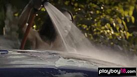 Asian teen Jade Luv slips tiny bikini for bubble play.