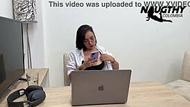 hey girlfriend, my pussy's aching watching this slutty secretary tease her huge tits and ass with toys