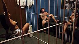 prostitute fucks men through prison bars in wild group session