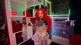 sexy redhead with huge fake tits big ass and pierced nipples teases stripping oiled curvy body