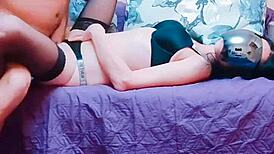 Skinny Wife in Stockings Spreads Legs Wide for POV Anal Pounding