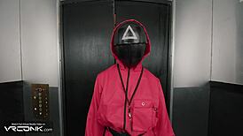 in this squid game cosplay parody pt 1, brunette guard babe deepthroats player's monster cock then fucks hard missionary tittyfuck