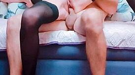 Skinny Wife in Stockings Spreads Legs Wide for POV Anal Pounding