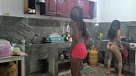 Horny latina milf housewives grope big tits asses sensually prepping lunch