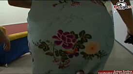 Blonde slut's natural tits bounce during sofa pussy cumshot