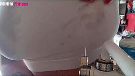 Bikini-clad brazilian housewife washes dishes naked big tits bounce doggystyle ready