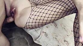 her stockings slide down as her tight hole gets pounded hard up close