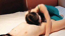 that cute japanese wife in green sexy lingerie jerks and sucks my cock dry homemade close-up