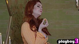 Huge natural tits bounce as redhead milf strips naked posing after ripped lingerie tease