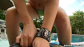 poolside amateur fingers herself while tugging throbbing cock teasingly