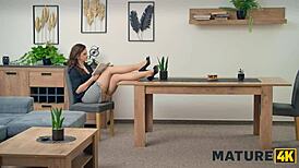 mature czech tattooed mom in stockings jerks cock on desk for cash payment