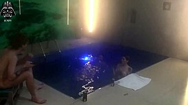 Curious about a wild motel pool threesome with friends baring it all outdoors?