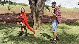 Naughty red riding hood deepthroats lumberjack's bbc in forest!