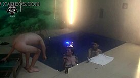 Curious about a wild motel pool threesome with friends baring it all outdoors?