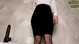 uhh hot teacher slut rides big black dildo... keeps clothes on tight skirt fishnets heels