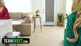 Blonde Double Teases Santa with Sloppy Ball Licking and Orgasm