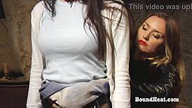 lesbian bdsm slave bent over pussy pounded by big black strapon mistress!