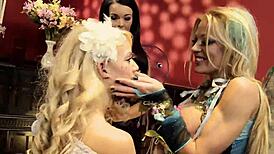 Sapphic Threesome Party Milfs Cindy Behr Lou Lou Rip Clothes Lick Wet Shaved Pussies Gaping with Toys