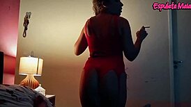 Brazilian Brunette Smokes While Deepthroating Friend's Huge Cock in Lingerie