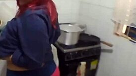 Madura BBW Wife Licks Tits and Ass in Kitchen