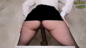 uhh hot teacher slut rides big black dildo... keeps clothes on tight skirt fishnets heels