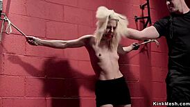 little blonde with tiny tits gets gagged hogtied and roughly anal toyed while choking on dildo