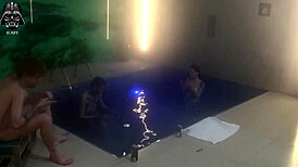 Curious about a wild motel pool threesome with friends baring it all outdoors?