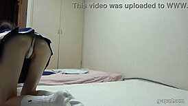 Super Skinny Japanese Webcam Girl Flashes Tits in Miniskirt Cosplay Uniform