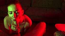 redhead slut deepthroats big cock passionately in bedroom with puffy nipples